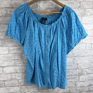 Denim & Company Size 3X Turquoise Blue Eyelet Pearl Snap Front Blouse Top‎